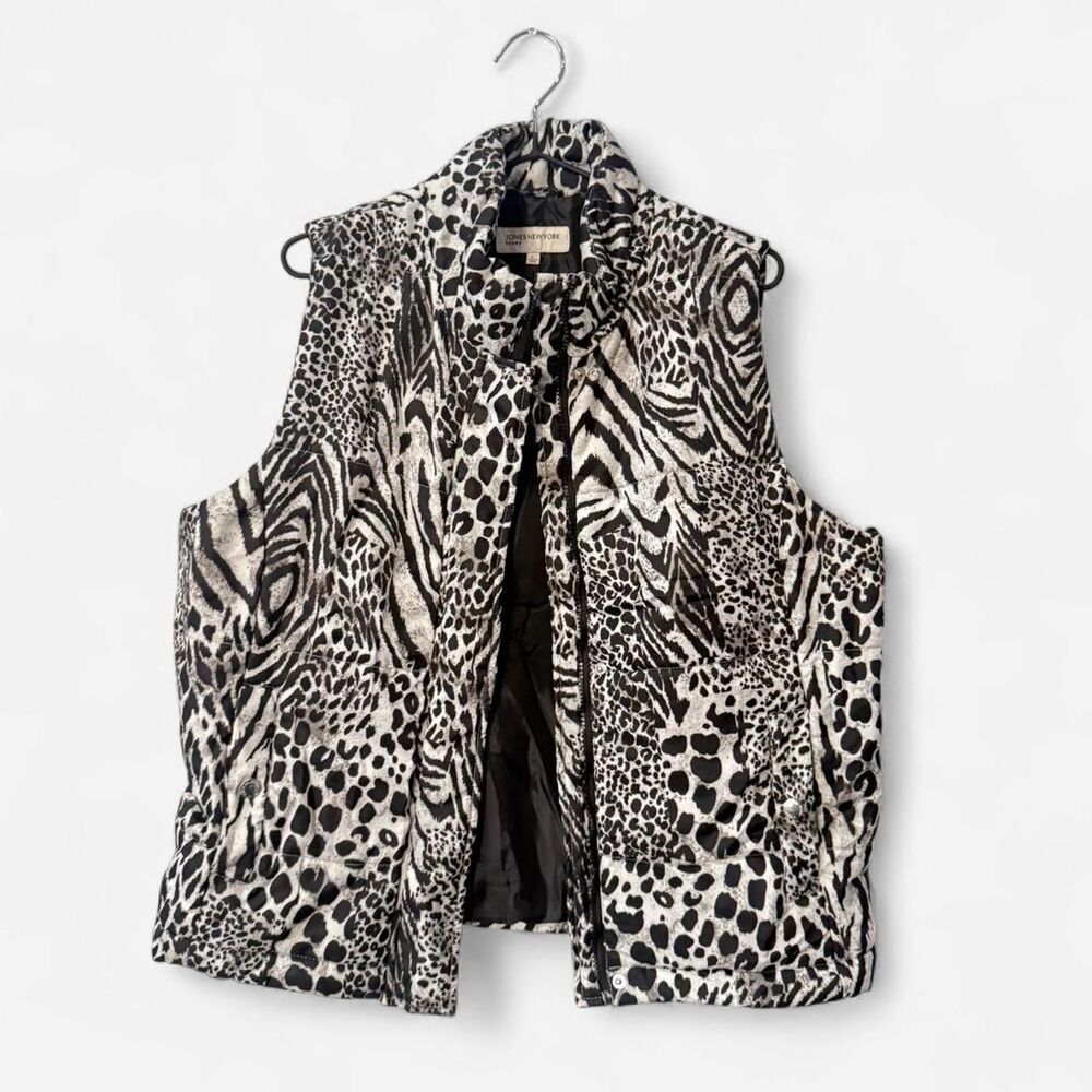 Jones New York Sport Mixed Animal Print Puffer Vest Gilet Down Fill Large